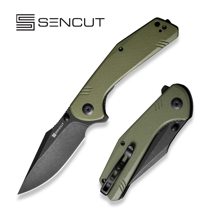 SENCUT Actium Flipper & Thumb Stud Knife OD Green G10 Handle (3.46" Black Stonewashed D2 Blade) SA02E - SENCUT