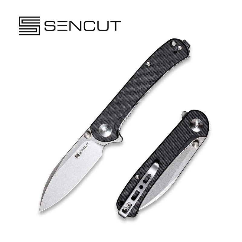 SENCUT Scepter Flipper &Thumb Stud Knife Black G10 Handle (2.97 Stonewashed 9Cr18MoV Blade) SA03B - SENCUT