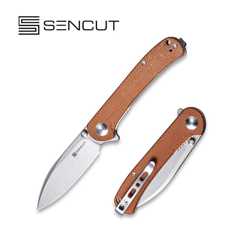 SENCUT Scepter Flipper &Thumb Stud Knife Brown Micarta Handle (2.97 Stonewashed 9Cr18MoV Blade) SA03D - SENCUT