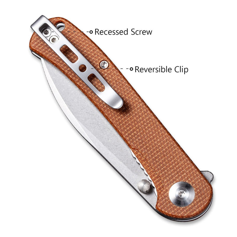 SENCUT Scepter Flipper &Thumb Stud Knife Brown Micarta Handle (2.97 Stonewashed 9Cr18MoV Blade) SA03D - SENCUT