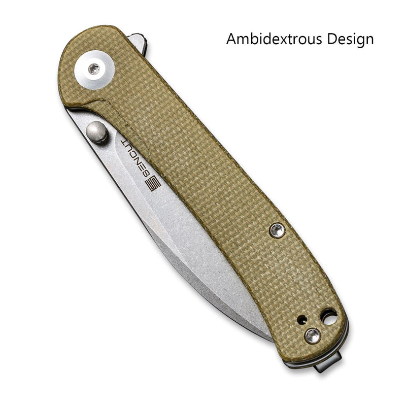 SENCUT Scepter Flipper &Thumb Stud Knife Olive Micarta Handle (2.97 Stonewashed 9Cr18MoV Blade) SA03E - SENCUT