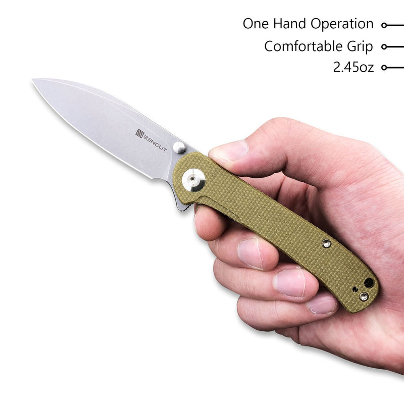 SENCUT Scepter Flipper &Thumb Stud Knife Olive Micarta Handle (2.97 Stonewashed 9Cr18MoV Blade) SA03E - SENCUT