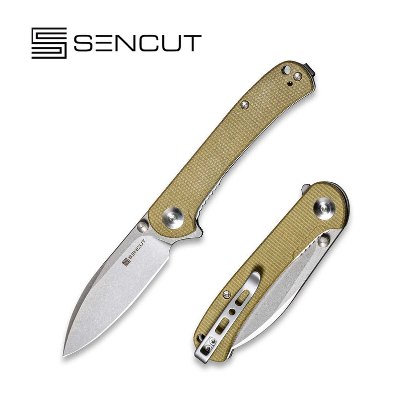 SENCUT Scepter Flipper &Thumb Stud Knife Olive Micarta Handle (2.97 Stonewashed 9Cr18MoV Blade) SA03E - SENCUT