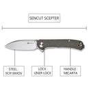 SENCUT Scepter Flipper &Thumb Stud Knife Dark Green Micarta Handle (2.97 Stonewashed 9Cr18MoV Blade) SA03F - SENCUT