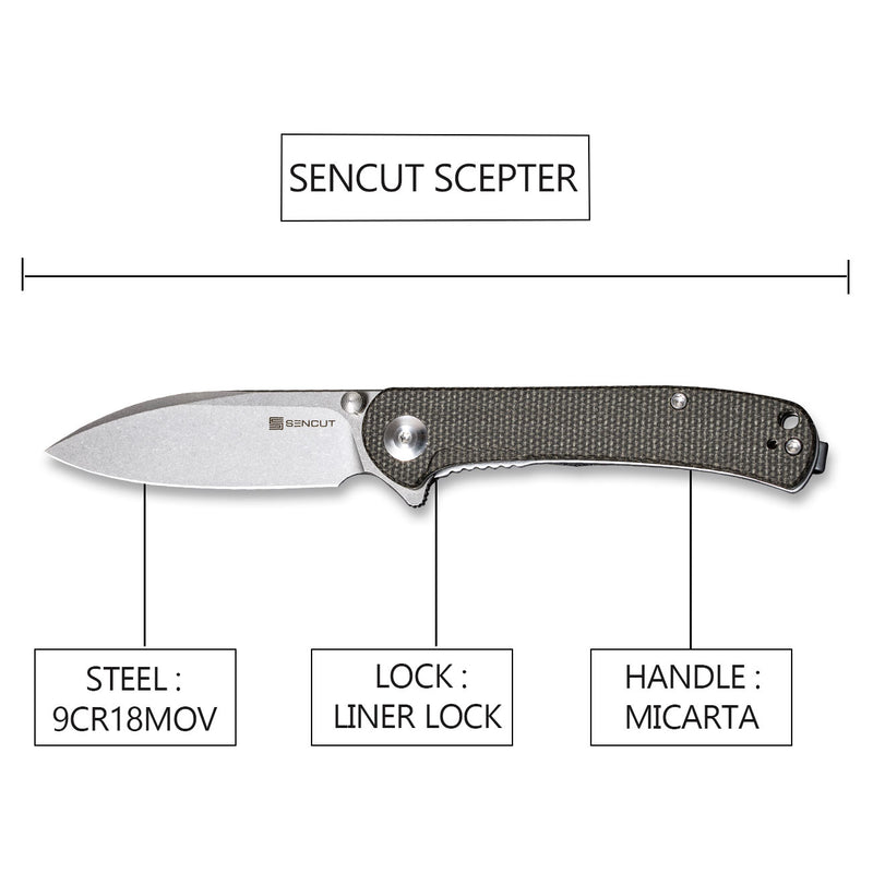 SENCUT Scepter Flipper &Thumb Stud Knife Dark Green Micarta Handle (2.97 Stonewashed 9Cr18MoV Blade) SA03F - SENCUT