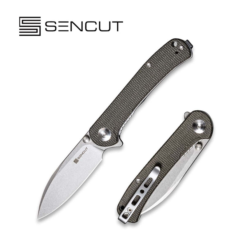 SENCUT Scepter Flipper &Thumb Stud Knife Dark Green Micarta Handle (2.97 Stonewashed 9Cr18MoV Blade) SA03F - SENCUT