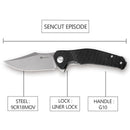 SENCUT Episode Flipper Knife Black G10 Handle (3.48" Stonewashed 9Cr18MoV Blade) SA04B - SENCUT