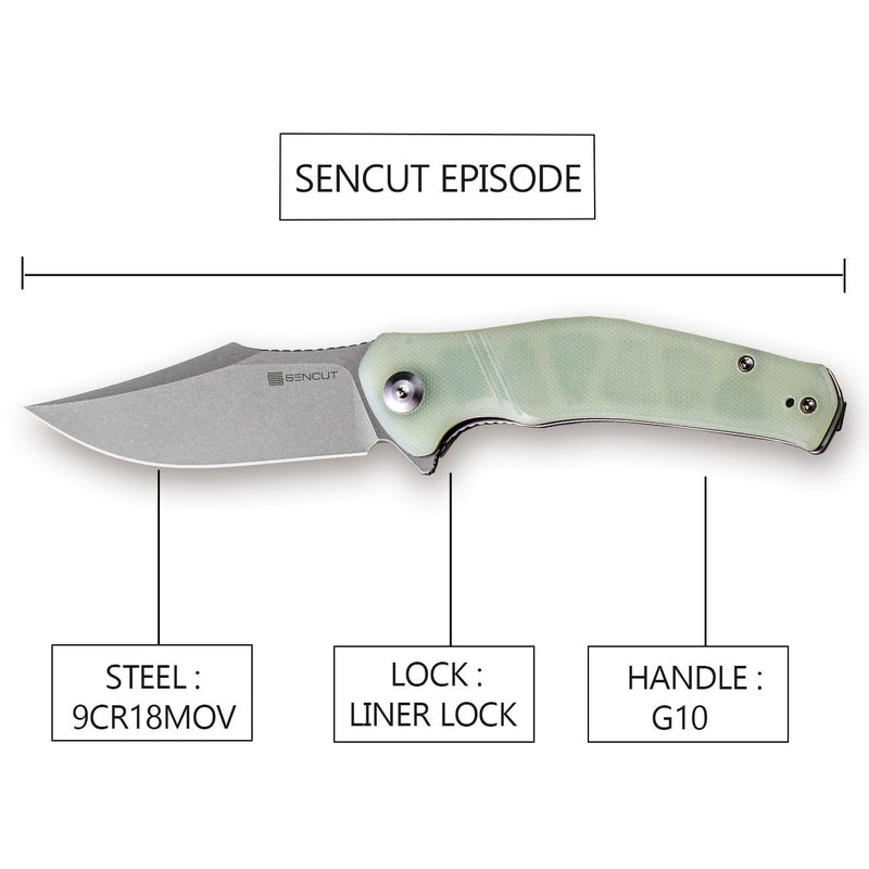 SENCUT Episode Flipper Knife Natural G10 Handle (3.48" Stonewashed 9Cr18MoV Blade) SA04C - SENCUT