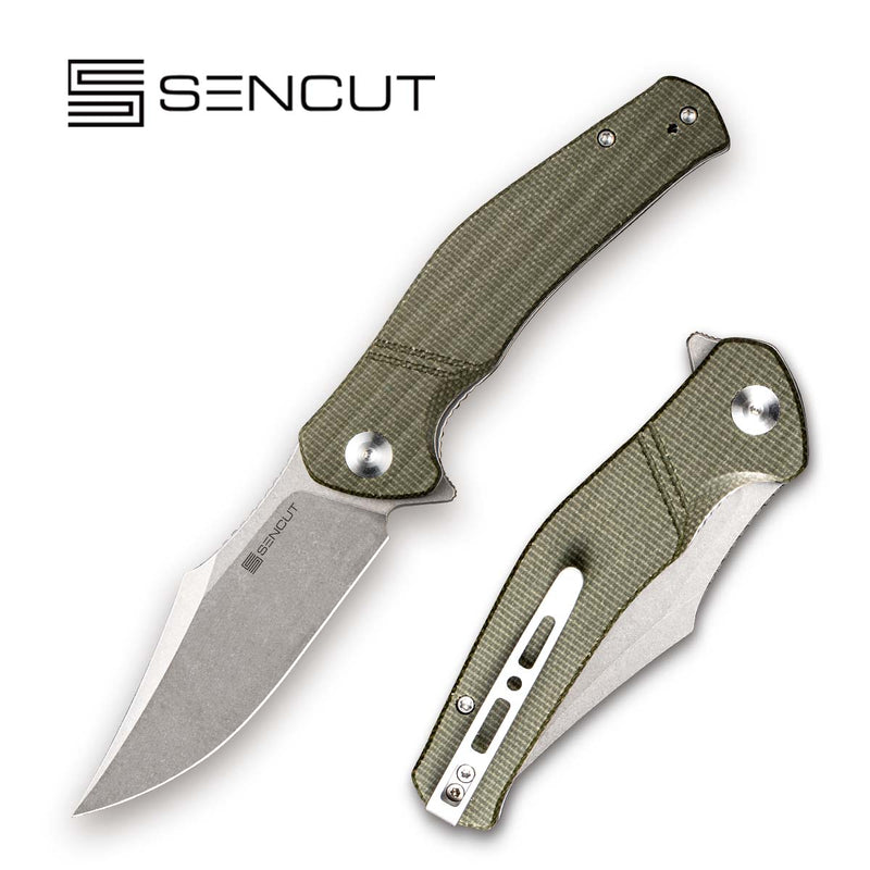 SENCUT Episode Flipper Knife Green Micarta Handle (3.48" Stonewashed 9Cr18MoV Blade) SA04E - SENCUT