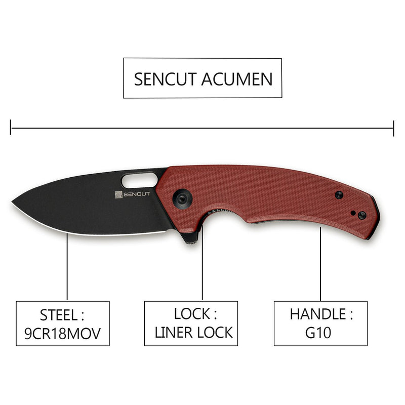 SENCUT Acumen Flipper & Manual Thumb Knife Burgundy G10 Handle (2.98" Black Stonewashed 9Cr18MoV Blade) SA06B - SENCUT