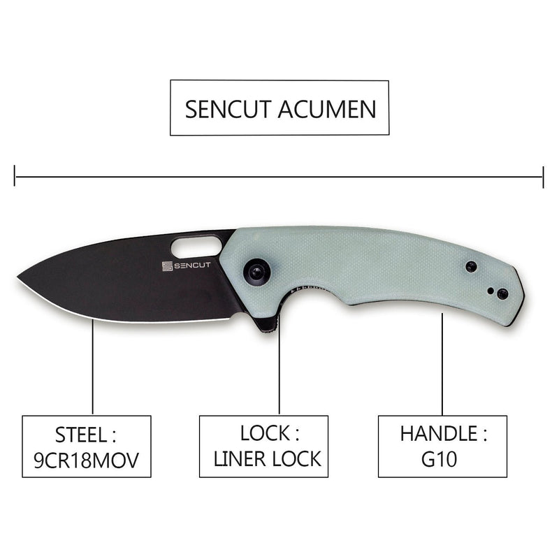 SENCUT Acumen Flipper & Manual Thumb Knife Natural G10 Handle (2.98" Black Stonewashed 9Cr18MoV Blade) SA06C - SENCUT