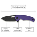 SENCUT Acumen Flipper & Manual Thumb Knife Purple G10 Handle (2.98" Black Stonewashed 9Cr18MoV Blade) SA06D - SENCUT