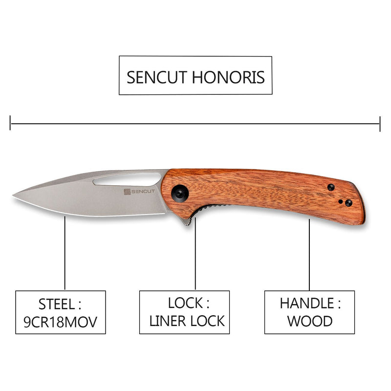 SENCUT Honoris Flipper & Manual Thumb Knife Cuibourtia Wood Handle (3.47" Gray Stonewashed 9Cr18MoV Blade) SA07A - SENCUT