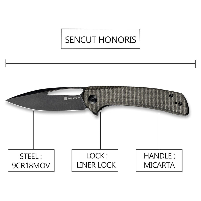 SENCUT Honoris Flipper Knife Gray Micarta Handle (3.47" Black Stonewashed 9Cr18MoV Blade) SA07B - SENCUT