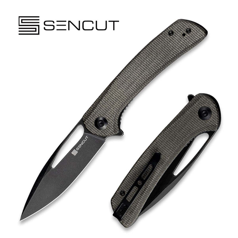 SENCUT Honoris Flipper Knife Gray Micarta Handle (3.47" Black Stonewashed 9Cr18MoV Blade) SA07B - SENCUT