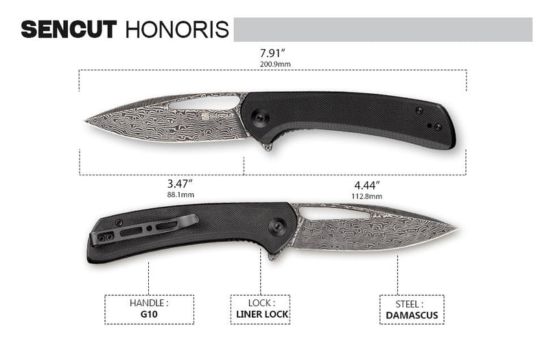 SENCUT Honoris Flipper Knife Black G10 Handle (3.47" Black Hand Rubbed Damascus Blade) SA07C - SENCUT