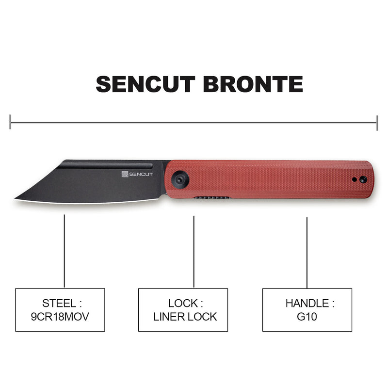 SENCUT Bronte Front Flipper Knife Burgundy G10 Handle (3.38" Black Stonewashed 9Cr18MoV Blade) SA08D - SENCUT
