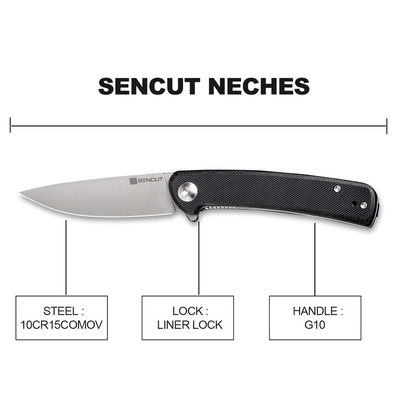 SENCUT Neches Flipper Knife Black G10 Handle (3.2" Satin Finished 10Cr15CoMoV Blade) SA09A - SENCUT