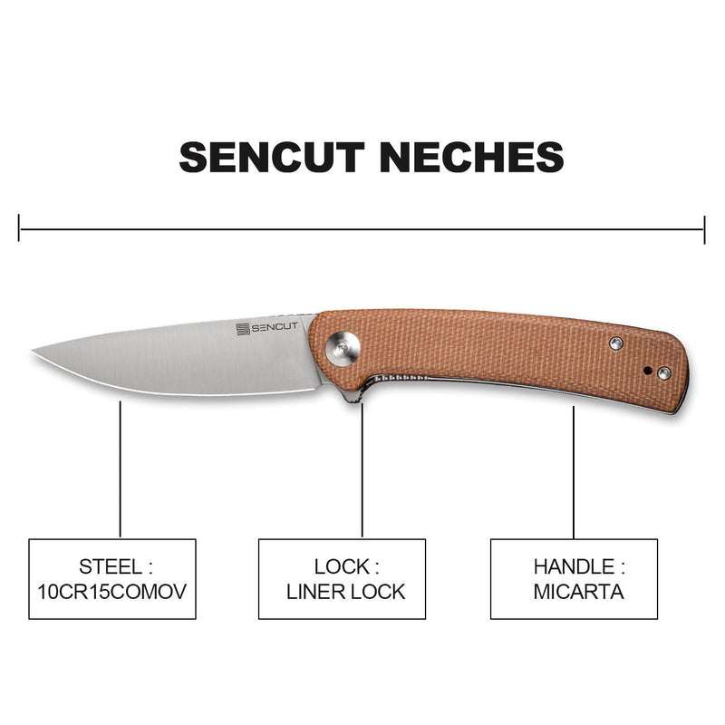 SENCUT Neches Flipper Knife Brown Micarta Handle (3.2" Satin Finished 10Cr15CoMoV Blade) SA09D - SENCUT