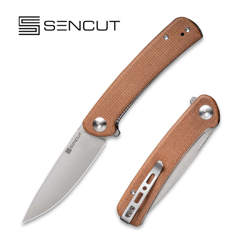 SENCUT Neches Flipper Knife Brown Micarta Handle (3.2" Satin Finished 10Cr15CoMoV Blade) SA09D - SENCUT