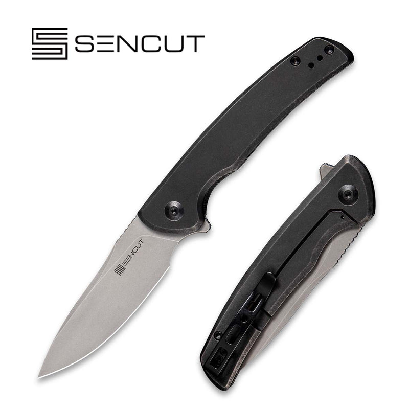 SENCUT Tynan Flipper Knife Black Stonwashed Stainless Steel Handle (3.18" Gray Stonewashed 10Cr15CoMoV Blade) SA10A - SENCUT