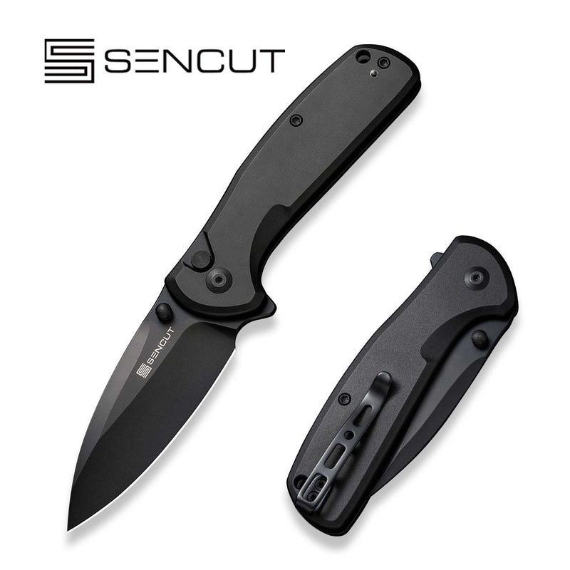 SENCUT ArcBlast Flipper & Button Lock & Thumb Stud Knife Black Aluminum Handle (2.98" Black 9Cr18MoV Blade) S22043B-1