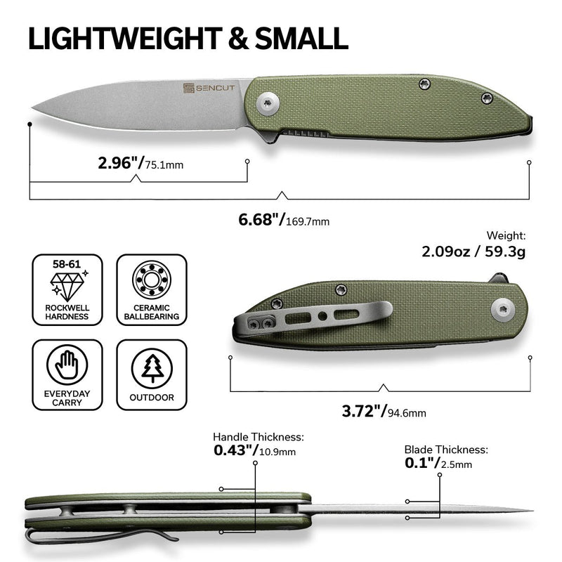 SENCUT Bocll II Flipper Knife OD Green G10 Handle (2.96" Gray Stonewashed D2 Blade) S22019-4