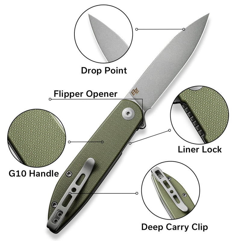 SENCUT Bocll II Flipper Knife OD Green G10 Handle (2.96" Gray Stonewashed D2 Blade) S22019-4