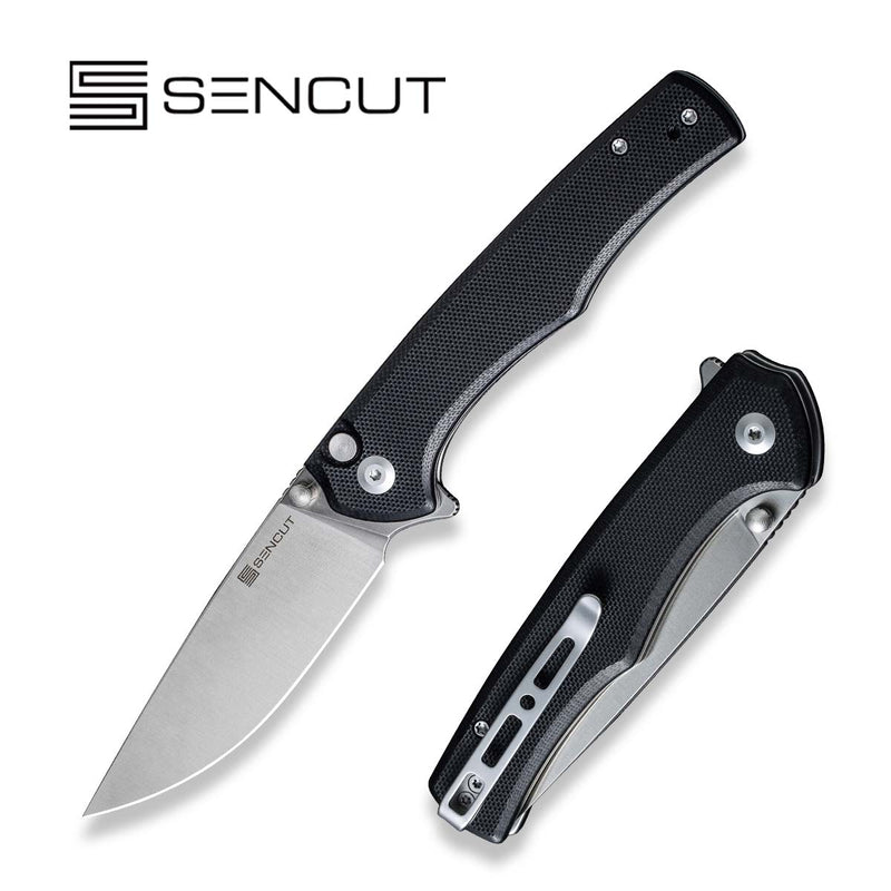 SENCUT Crowley Flipper & Button Lock & Thumb Stud Knife Black G10 Handle (3.48" Satin Finished D2 Blade) S21012-4