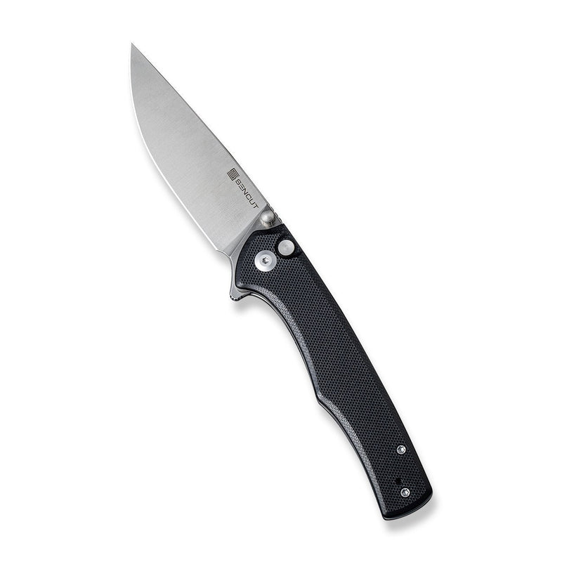 SENCUT Crowley Flipper & Button Lock & Thumb Stud Knife Black G10 Handle (3.48" Satin Finished D2 Blade) S21012-4