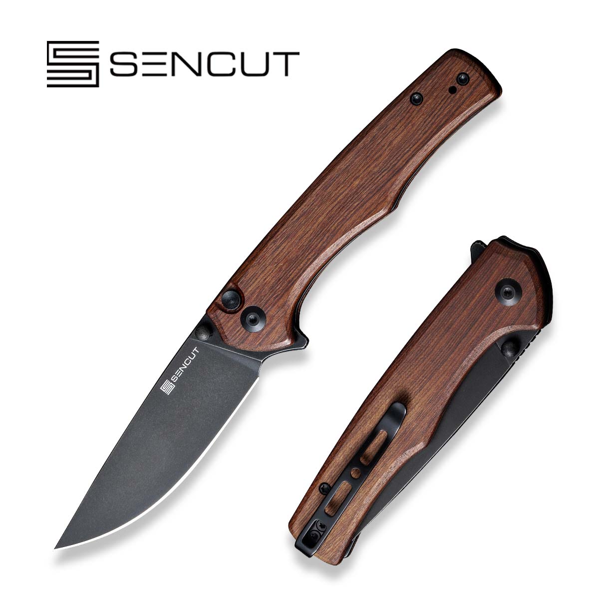 SENCUT Crowley Flipper & Button Lock & Thumb Stud Knife Wood Handle D2