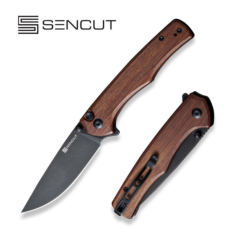 SENCUT Crowley Flipper & Button Lock & Thumb Stud Knife Guibourtia Wood Handle (3.48" Black Stonewashed D2 Blade) S21012-5