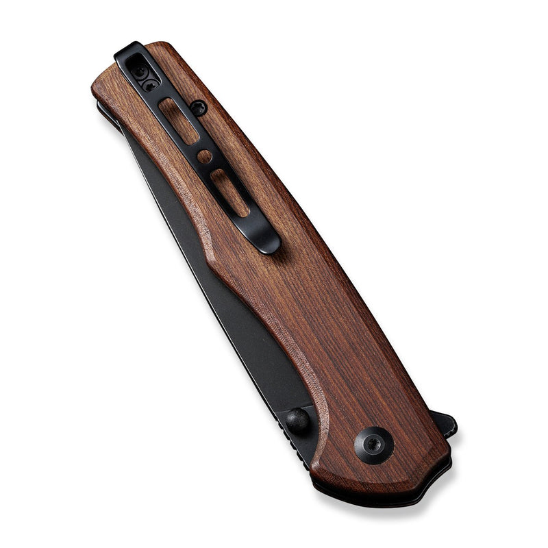 SENCUT Crowley Flipper & Button Lock & Thumb Stud Knife Guibourtia Wood Handle (3.48" Black Stonewashed D2 Blade) S21012-5