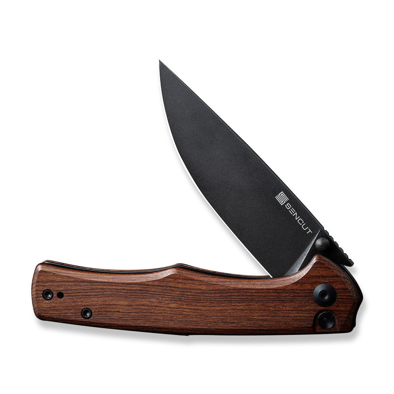 SENCUT Crowley Flipper & Button Lock & Thumb Stud Knife Guibourtia Wood Handle (3.48" Black Stonewashed D2 Blade) S21012-5