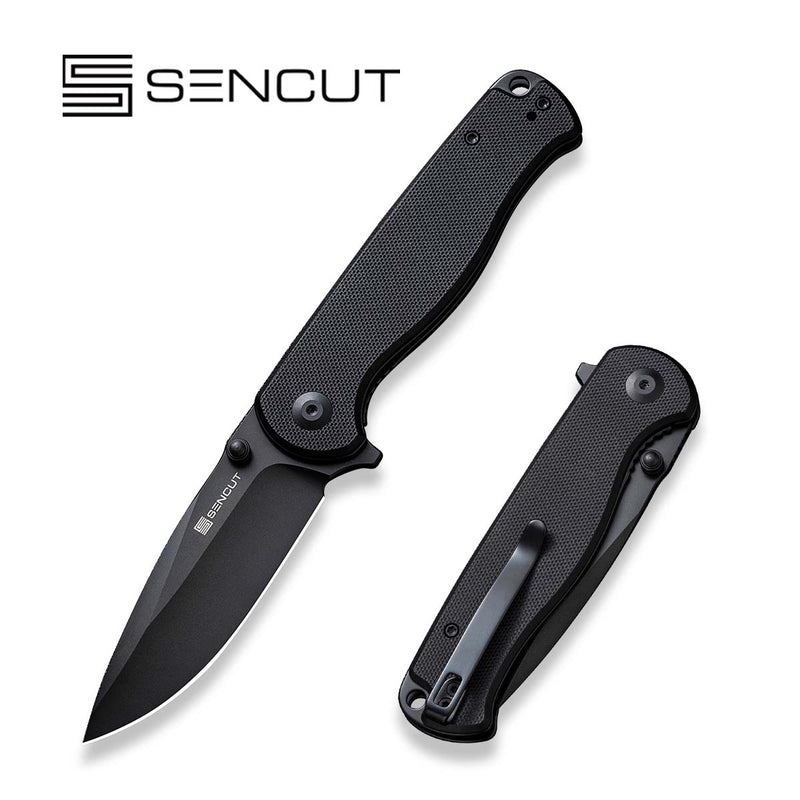 SENCUT Errant Flipper & Thumb Stud Knife Black G10 Handle (3.45" Black 9Cr18MoV Blade) S23054B-1