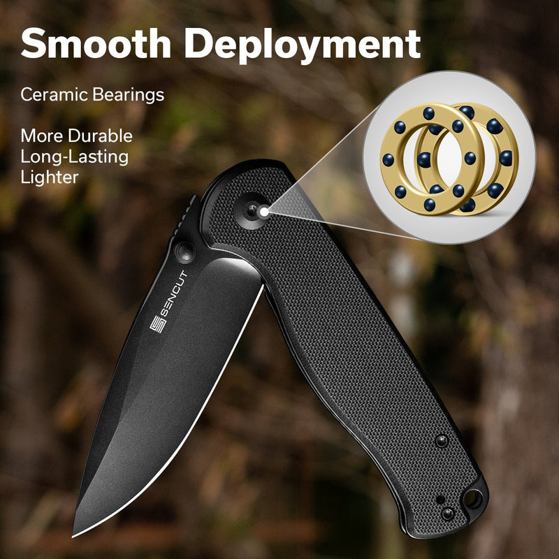 SENCUT Errant Flipper & Thumb Stud Knife Black G10 Handle (3.45" Black 9Cr18MoV Blade) S23054B-1