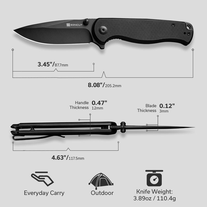 SENCUT Errant Flipper & Thumb Stud Knife Black G10 Handle (3.45" Black 9Cr18MoV Blade) S23054B-1