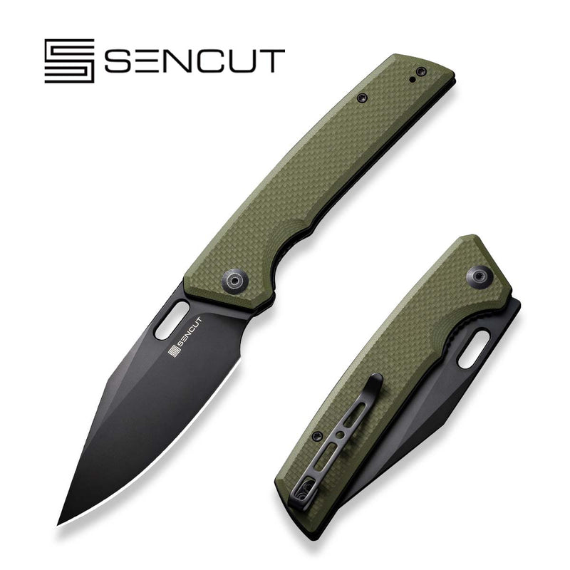 SENCUT GlideStrike Thumb Hole Knife OD Green Coarse G10 Handle (3.74" Black 9Cr18MoV Blade) S23018-3