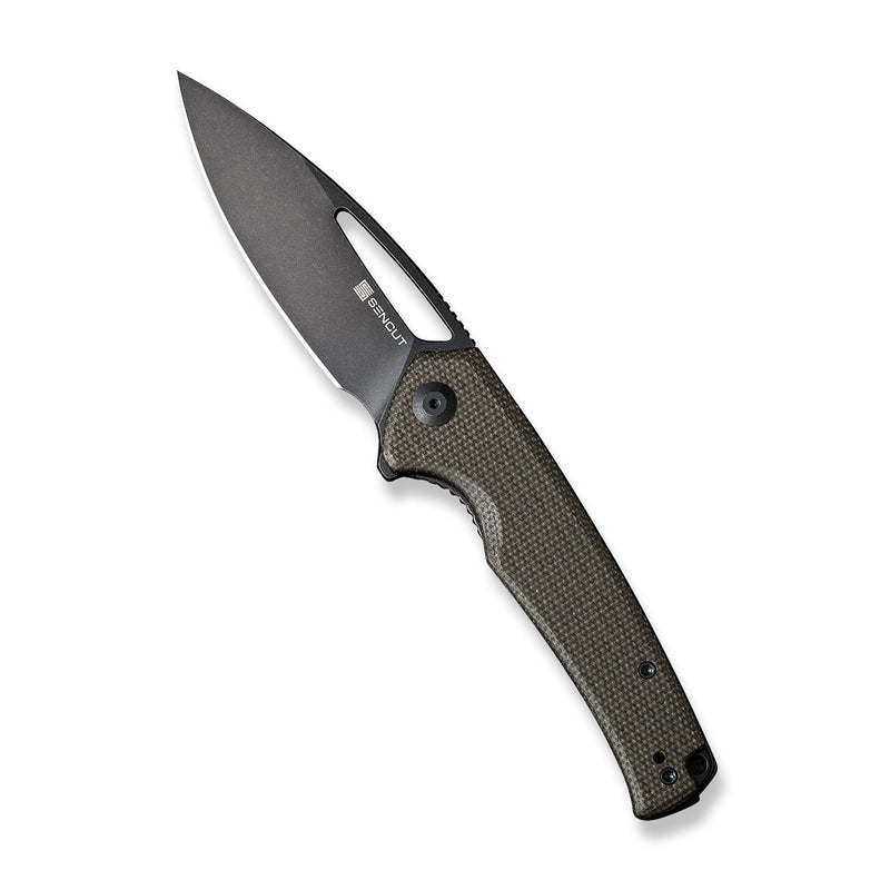 SENCUT Mims Flipper Knife Dark Green Canvas Micarta Handle (3.48" Black Stonewashed 9Cr18MoV Blade) S21013-3