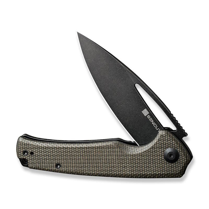 SENCUT Mims Flipper Knife Dark Green Canvas Micarta Handle (3.48" Black Stonewashed 9Cr18MoV Blade) S21013-3