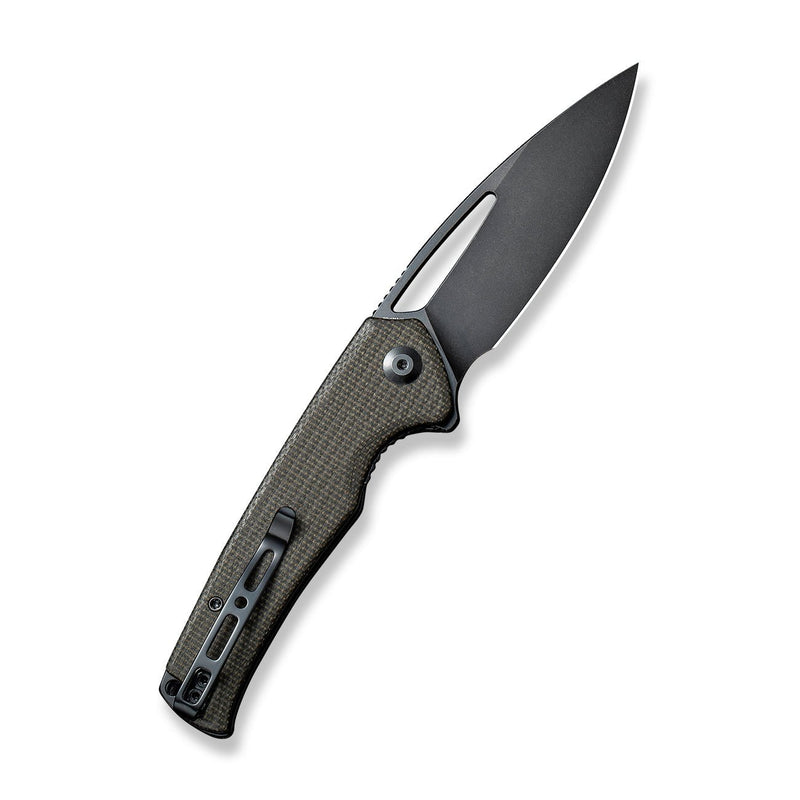 SENCUT Mims Flipper Knife Dark Green Canvas Micarta Handle (3.48" Black Stonewashed 9Cr18MoV Blade) S21013-3