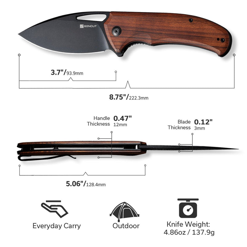 SENCUT Phantara Flipper & Thumb Hole Knife Wood Handle