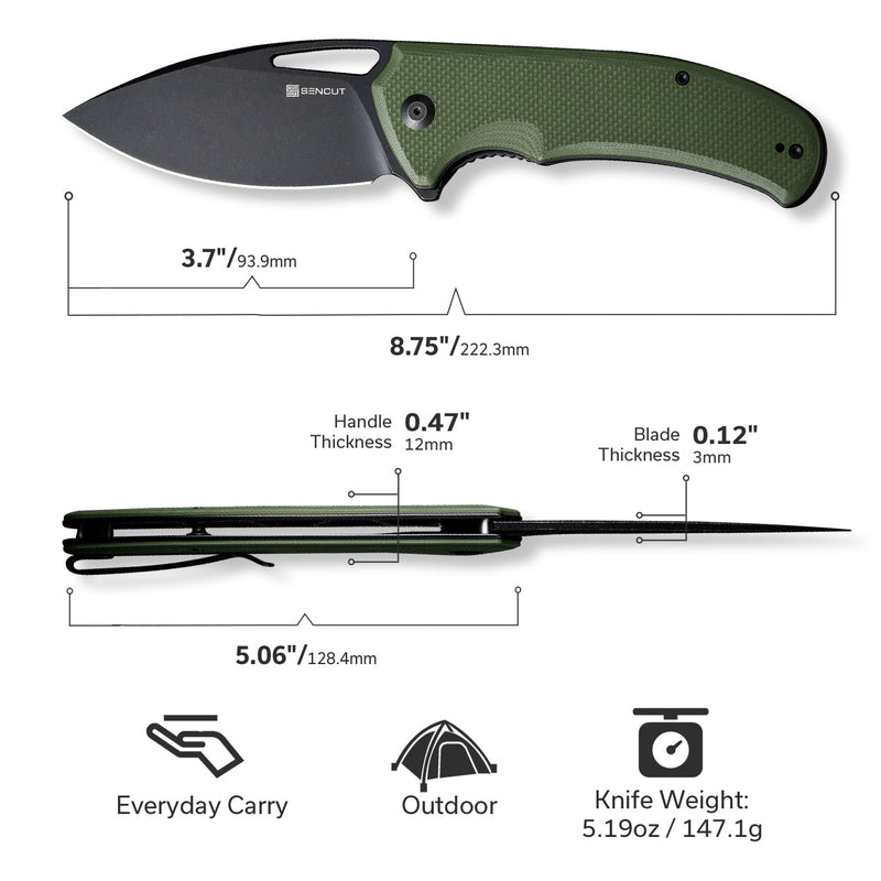 SENCUT Phantara Flipper Knife OD Green Coarse G10 Handle (3.7" Black 9Cr18MoV Blade) S23014-3