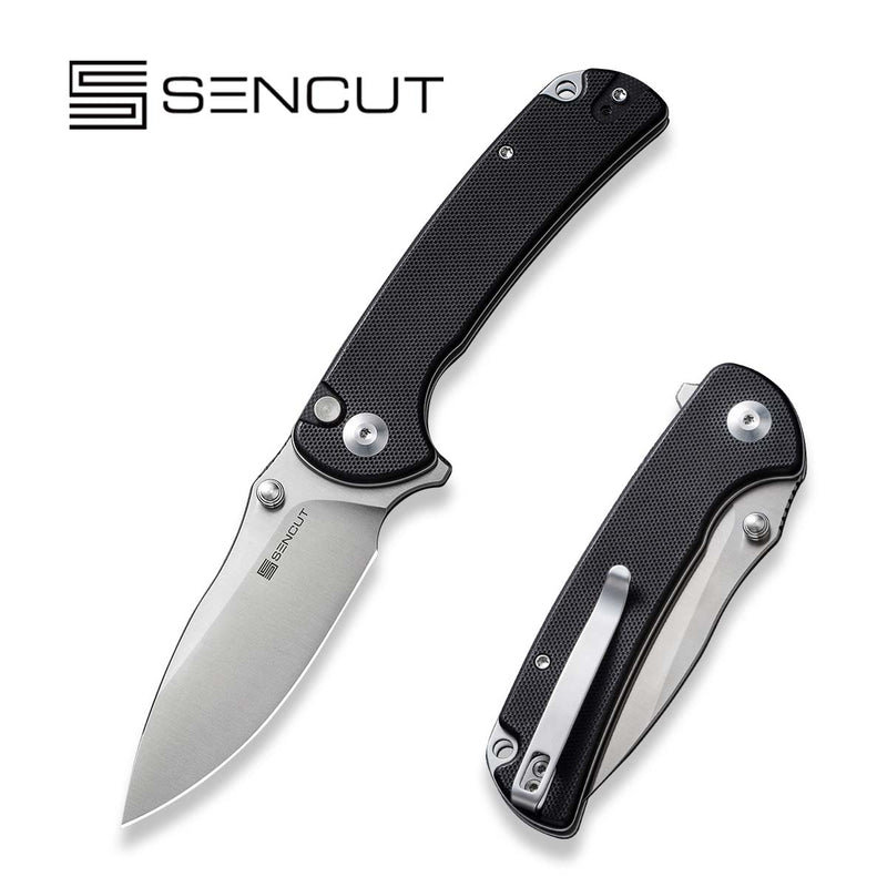 SENCUT Pulsewave Flipper & Thumb Stud & Button Lock Knife Black G10 Handle (3.45" Satin Finished 9Cr18MoV Blade) S23032-1