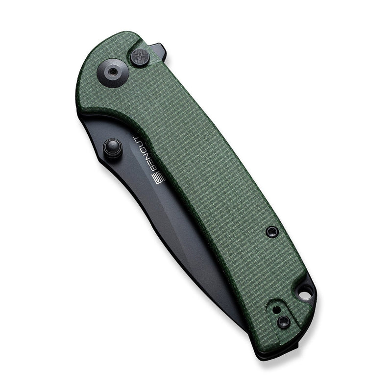 SENCUT Pulsewave Flipper & Thumb Stud & Button Lock Knife Green Canvas Micarta Handle (3.45" Black 9Cr18MoV Blade) S23032-3