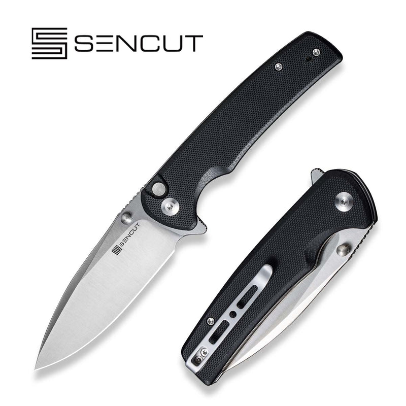 SENCUT Sachse Flipper & Button Lock & Thumb Stud Knife Black G10 Handle (3.47" Satin Finished 9Cr18MoV Blade) S21007-5