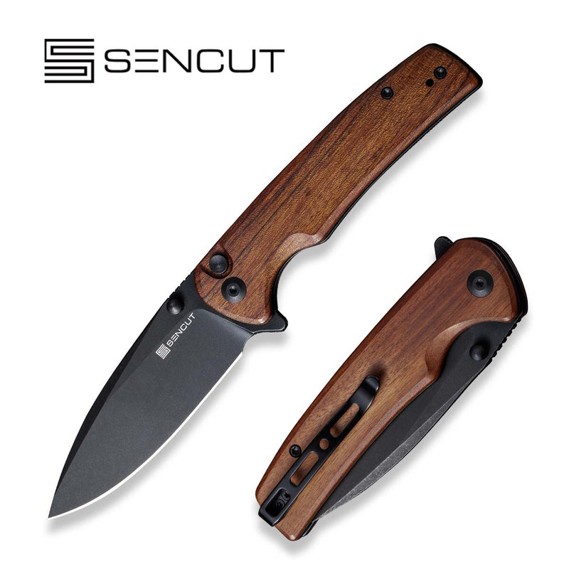 SENCUT Sachse Flipper & Button Lock & Thumb Stud Knife Guibourtia Wood Handle (3.47" Black Stonewashed 9Cr18MoV Blade) S21007-6