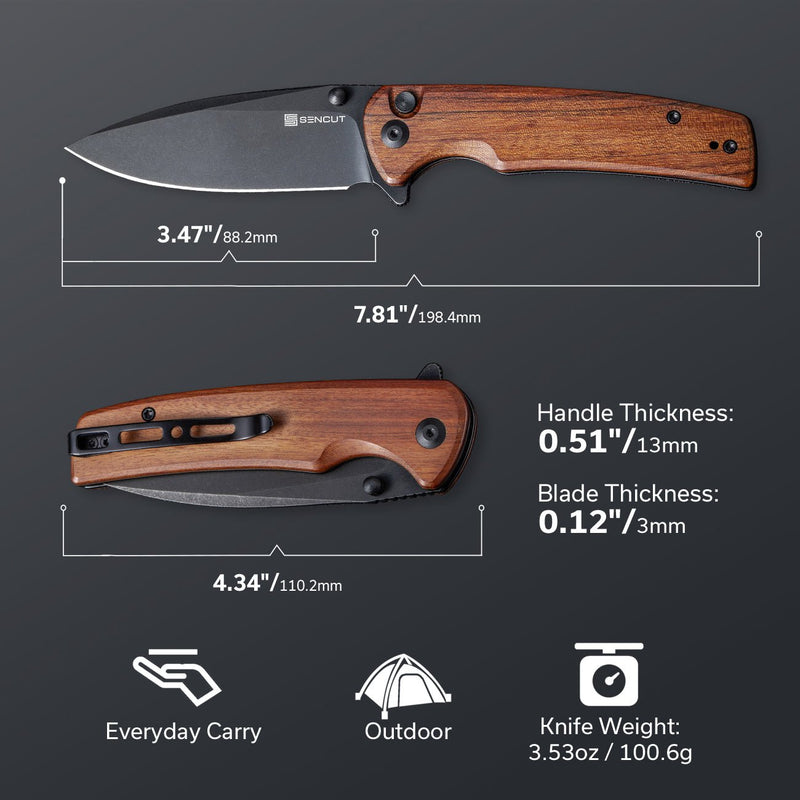 SENCUT Sachse Flipper & Button Lock & Thumb Stud Knife Guibourtia Wood Handle (3.47" Black Stonewashed 9Cr18MoV Blade) S21007-6