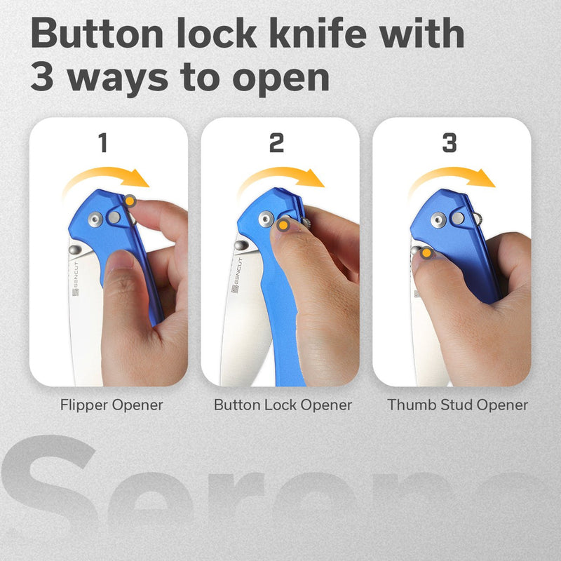 SENCUT Serene Flipper & Button Lock & Thumb Stud Knife Bright Blue Aluminum Handle (3.48" Satin Finished D2 Blade) S21022B-4