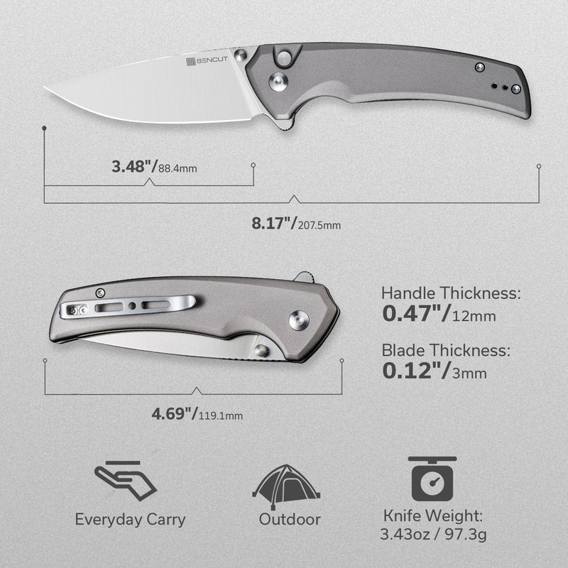 SENCUT Serene Flipper & Button Lock & Thumb Stud Knife Gray Aluminum Handle (3.48" Satin Finished D2 Blade) S21022B-3